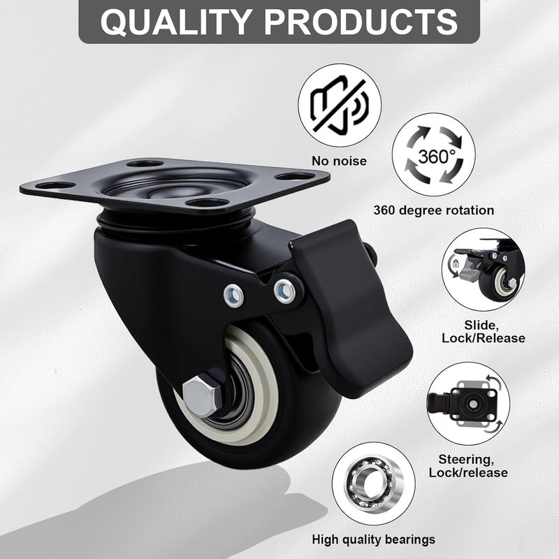 Htudcoue 2 Inch Caster Wheels Set of 8, Heavy Duty Casters,with Brake,No Noise Locking Polyurethane (PU) Wheels, for Furniture and Workbench Load 800lbs - Image 3